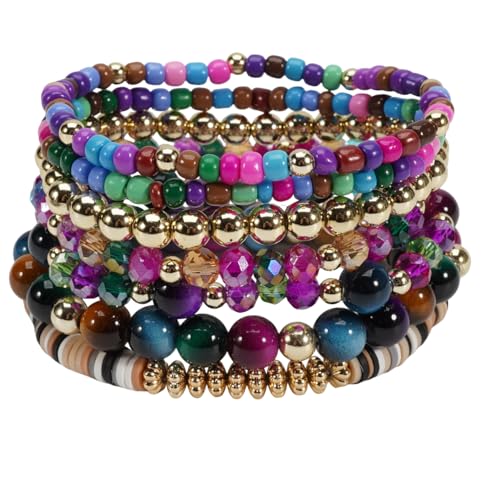 7Pcs Bohemia Multilayer Stackable Crystal Beaded Bracelet Set Multicolor Surfer Heishi Clay Gold Beaded Friendship Stretch Bracelets for Women Men Summer Beach Boho Vacation Jewelry Gifts - color: Colorful