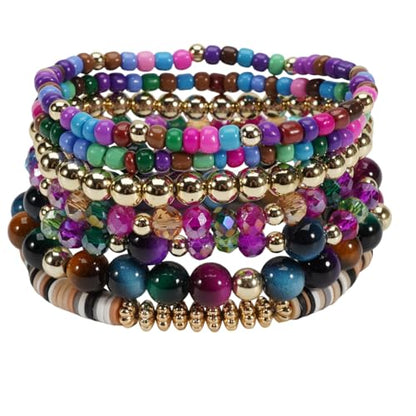 7Pcs Bohemia Multilayer Stackable Crystal Beaded Bracelet Set Multicolor Surfer Heishi Clay Gold Beaded Friendship Stretch Bracelets for Women Men Summer Beach Boho Vacation Jewelry Gifts - color: Colorful