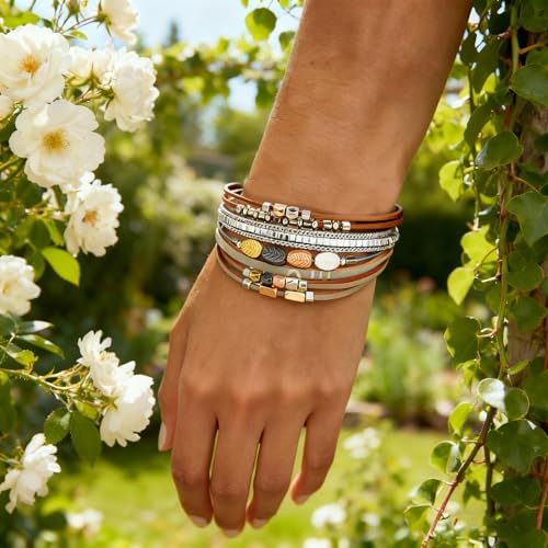 Leather Wrap Bracelets for Women, Boho Leopard Multi-Layer Crystal Beads Cuff Jewelry - color: J-Warp-025