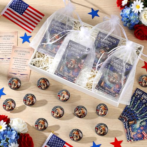 Kenning 30 Set 250th Anniversary Coin Gifts, 3D USA Enamel Pins with Greeting Cards for Patriot's Day 4th of July Celebration
