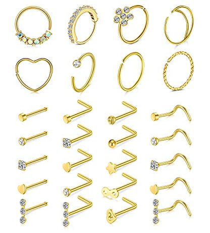 Mayhoop 20g Nose Rings Hoops And Studs For Women Men - Hypoallergenic 316L Surgical Stainless Steel L Shape Nose Screw Bone Silver Rose Gold Black Rainbow Pack 28Pcs - color: 1#Gold