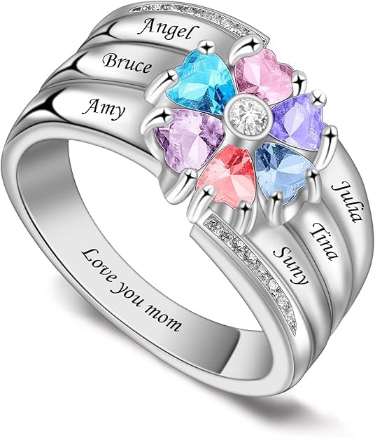 Custom Multi-Stone Family Ring 925 Sterling Silver/10K/14K/18K Gold Colored Personalized (2-8 stones) Birthstone Engraved Ring for Women Mom Wife Jewelry Gifts - style: Six Stone