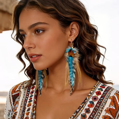 FRESHME Feather Earrings for Women - Ethnic Indian Native American Western Jewelry for Photoshoot Music Festival