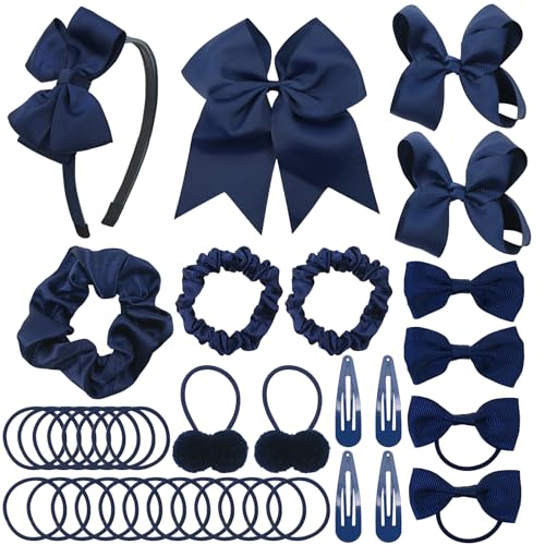 LACGO Pack of 37 School Uniform Hair Bow Accessories - Grosgrain Hair Clips Bow Headband Ribbon Alligator Ponytail Holder for Toddlers Teen Girls Uniform Party Prom Wedding(Navy Blue) - color: Navy Blue