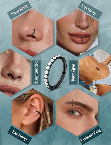 Dochais 4PCS 18G Nose Rings Hoops, Surgical Steel Earrings Tragus Septum Piercing CZ Clicker Ring, Hinged Segment Conch Lip Cartilage Double Hoops 8mm 10mm for Women Men - color: Black, size: 16G(1.2mm),8mm