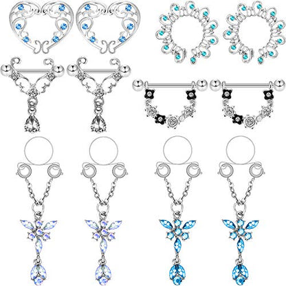 Hicarer 12 Pieces Fake Breast Ring Stainless Steel Dangle Include 8pcs Non-Piercing Breast Rings and 4pcs Faux Piercing Breast Rings for Women Piercing Jewelry