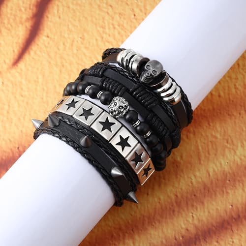 Braided Faux Leather Bracelet Punk Cuff Wrap Bracelets for Men Women Skull,Star,Bull bracelets - color: A2:5PCS