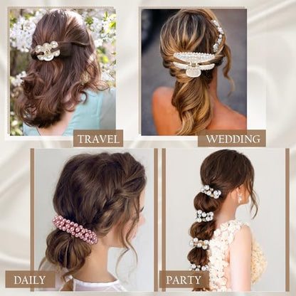 12 Pcs Pearl Hair Claw Clips Pearl Hair Ties Set for Women Girls Elastic Scrunchies Barrette Clamps Thick Thin Tousle Ponytail Holder Accessories Fashion Boho Bride Bachelorette Party Wedding