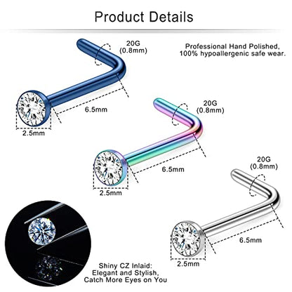 Cisyozi 18G 20G 22G Nose Rings and Studs - 316L Surgical Steel Hypoallergenic Piercing Jewelry for Women Men - L Shaped Straight Nostril Screw - Diamond CZ 1.5mm 2mm 2.5mm 3mm 12Pcs - style: L Shaped-20G-CZ 2.5mm