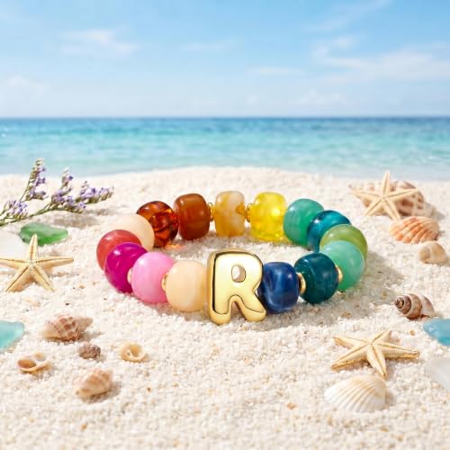 Bubble Initial Chunky Beaded Bracelet for Women Colorful Resin Bead Trendy Statement Big Stretch Bracelets Summer Beach Boho Charm Jewelry Cute Gifts for Women - color: Initial R
