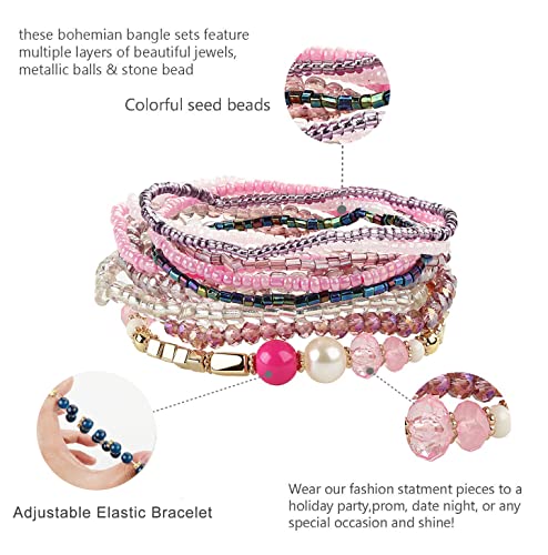 FIBO STEEL 6 Sets Bohemian Stackable Bead Bracelets for Women Stretch Multilayered Bracelet Set Multicolor Boho Jewelry
