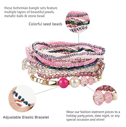FIBO STEEL 6 Sets Bohemian Stackable Bead Bracelets for Women Stretch Multilayered Bracelet Set Multicolor Boho Jewelry