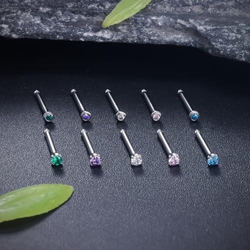 ASTM F136 Titanium Nose Rings 18G 20G 22G Jeweled Mix Color CZ Nose Studs Ring Screw L-Shaped Bone Hypoallergenic Nostril Body Piercing Jewelry for Women 1.5mm 2mm 2.5mm 3mm 10PCS - style: Bone:22G(0.6mm)-1.5mm CZ