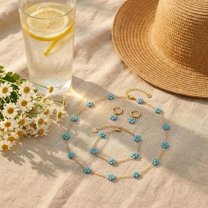 Daisy Pearl Jewelry Set for Women, 14K Gold Plated Stainless Steel Necklace Bracelet Earring 3 Piece Set, Dainty Pearl Choker Flower Necklace Birthday Gift for Her - color: Sky Blue