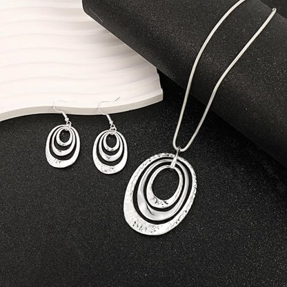 3 Circles Silver Hoop Earrings Necklace Set for Women Geometric Jewelry Set | 925 Silver Hypoallergenic Small Hoop Circle Geometry Textured Finish Minimalist Style Comfortable Wear - style: Silver Three Hoops
