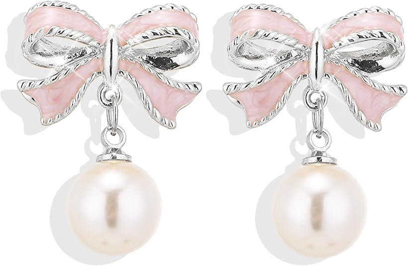 Gold Bow Earrings for Women, Long Tassel Chain Drop Earrings, Trendy Small Bow Earrings, Ribbon Waterfall Dangling Earrings, Pearl Bow Earrings, Sparkly Elegant Bowknot Preppy Jewelry Gifts for Women - color: Pink Bow-K2