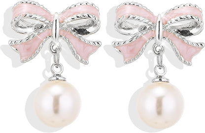 Gold Bow Earrings for Women, Long Tassel Chain Drop Earrings, Trendy Small Bow Earrings, Ribbon Waterfall Dangling Earrings, Pearl Bow Earrings, Sparkly Elegant Bowknot Preppy Jewelry Gifts for Women - color: Pink Bow-K2