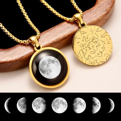 Custom Moon Phase Necklace Gift for Birthday | Personalized Name and Special Date Engraved Pendant with Gift Box, Handmade Jewelry for Birthday, Anniversary, or Memorial - style: Star Map