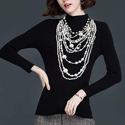 Multilayer Strand Chain Faux Pearls Flapper Beads Cluster Long Choker Necklace - color: Silver White Necklace+Pierced Earrings
