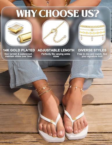 Subiceto Ankle Bracelets for Women Waterproof - 14K Gold Plated Non Tarnish Anklets Set Dainty Stainless Steel Stackable Layered for Beach Summer Jewelry Adjustable - color: 4Pcs Pearl-14K Gold Plated