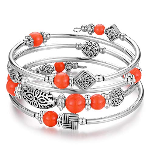 BULINLIN Layered Wrap Bangle Turquoise Bracelet - Bead Bracelet with Natural Agate Stone, Gifts For Women - color: 08-Orange