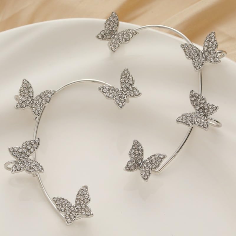 2 Pairs Dainty Silver Butterfly Ear Cuffs & Wraps for Women Non Piercing Bling Butterfly Tassel Style Zircon Earrings Ear Clips Bridal Wedding Jewelry - color: Gold+Silver