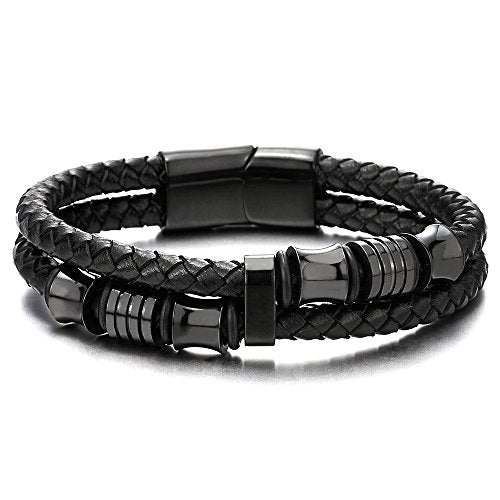 COOLSTEELANDBEYOND Mens Double-Row Braided Leather Bracelet Bangle Wristband with Black Stainless Steel Ornaments - color: A-Black