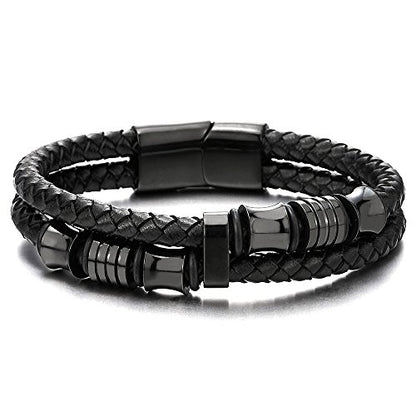 COOLSTEELANDBEYOND Mens Double-Row Braided Leather Bracelet Bangle Wristband with Black Stainless Steel Ornaments - color: A-Black