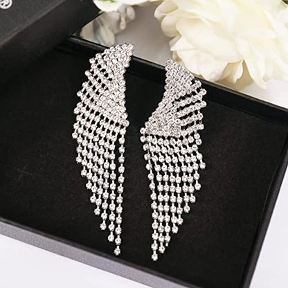 Silver Rhinestone Crystal Bridal Chandelier Long Tassels Dangle Earrings for Wedding - color: silver-4