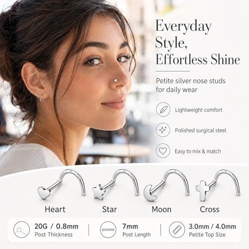 20G Nose Rings for Women, L Shaped Nostril Piercing Studs | 316L Stainless Steel, 0.8 mm×7 mm, 2 mm CZ or 3-4 mm Heart, Star, Moon and Cross, Gold-Tone or Silver-tone, Daily Wear - style: Silver Style A