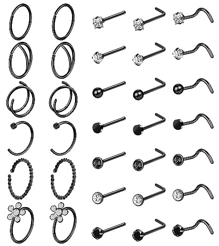 ONESING 9-40 Pcs Nose Rings - Hoops, Studs & L Shape - Hypoallergenic Stainless Steel Nose Piercings for Women & Men - color: Black-33pcs