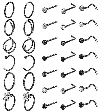 ONESING 9-40 Pcs Nose Rings - Hoops, Studs & L Shape - Hypoallergenic Stainless Steel Nose Piercings for Women & Men - color: Black-33pcs