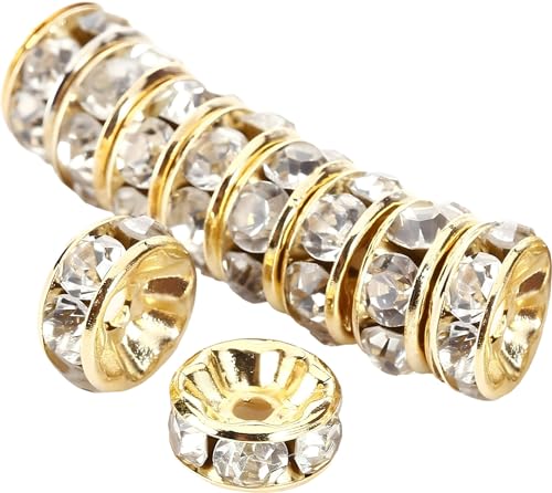 Allb 100Pcs Rondelle Spacer Beads 8mm Silver Plated Czech Crystal Rhinestone for Jewelry Making Loose Beads for Bracelets, gold - color: gold, size: 8mm