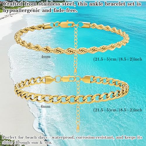 2PCS Ankle Bracelets for Women - Gold/Silver Plated Stainless Steel Anklets Set - Waterproof Layered Cuban Link Chain Anklet Bracelet Summer Beach Foot Jewelry Gifts for Women - color: Style 3-Gold