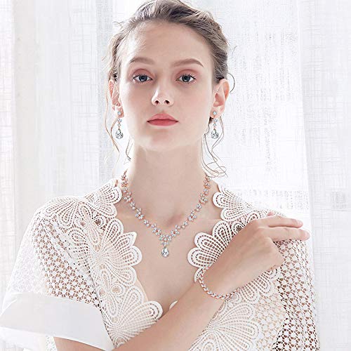 Jewelry Set for Women, Necklace Dangle Earrings Bracelet Set with White AAA Cubic Zirconia, Allergy Free Wedding Party Jewelry for Bridal Bridesmaid - color: Necklace + Earrings + Bracelet-Rose gold plated