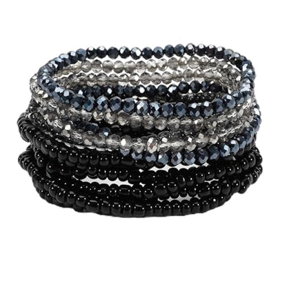 12Pcs Bohemia Multilayer Resin Seed Beaded Stackable Bracelets Colorful Crystal Glass Beads Stretch Bracelet BFF Friendship Elastic Wristbands for Women Men Summer Beach Boho Vacation Jewelry - color: Black