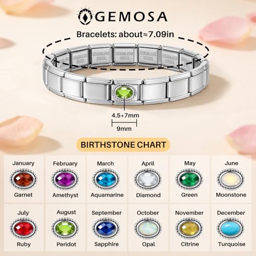 GEMOSA Birthstone Italian Charm Bracelet - 18 Links 9mm x 10mm Stainless Steel Base Bracelet with Birthstone Charm & Link Opener Tool, Polished Silver Finish Jewelry Gift Box Set for Women - color: 08-Aug-Peridot