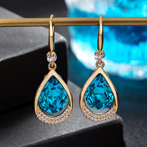 Austrian Crystal Halo Teardrop Hollow Drop Dangle Earrings for Women 14K Rose Gold Plated Hypoallergenic Jewelry Gifts - color: Bermuda Blue
