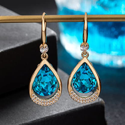 Austrian Crystal Halo Teardrop Hollow Drop Dangle Earrings for Women 14K Rose Gold Plated Hypoallergenic Jewelry Gifts - color: Bermuda Blue