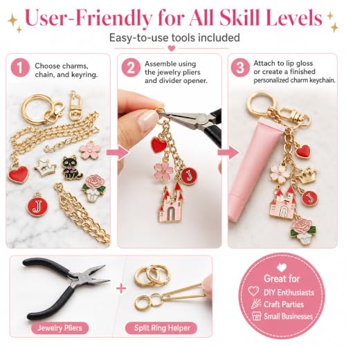XUHAO7 544Pcs DIY Keychain & Bag Charm Making Kit - Craft Supplies | DIY Lip Gloss Keychain Charms Craft with Pendants, Keyring Hooks, Chains, Clasps, Tools, 5 Velvet Pouches & Storage Box - size: 544pcs