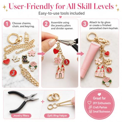 XUHAO7 544Pcs DIY Keychain & Bag Charm Making Kit - Craft Supplies | DIY Lip Gloss Keychain Charms Craft with Pendants, Keyring Hooks, Chains, Clasps, Tools, 5 Velvet Pouches & Storage Box - size: 544pcs