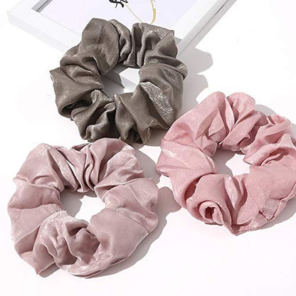 Ivyu Silk Satin Scrunchies - No Crease Hair Ties for Women, Thick Hair Ponytail Holders with Soft Elastic Bands - color: Gray Pink Light Pink Light Purple
