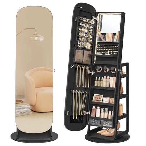 SONGMICS LED Jewelry Cabinet, 360° Swivel Jewelry Organizer, Lockable Mirror Jewelry Cabinet Standing, Rounded Wide Full-Length Mirror with Storage Shelves, Interior Mirror, Ebony Black UJJC036B01 - color: Black, size: 16.5" Mirror