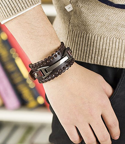 Leather Bracelet for Men Braided Stainless Steel Mens Bracelets - color: Brown 1