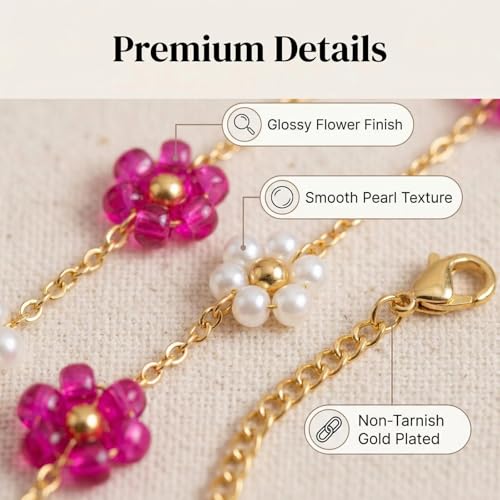 Daisy Pearl Jewelry Set for Women, 14K Gold Plated Stainless Steel Necklace Bracelet Earring 3 Piece Set, Dainty Pearl Choker Flower Necklace Birthday Gift for Her - color: Rose Red + Pearl White