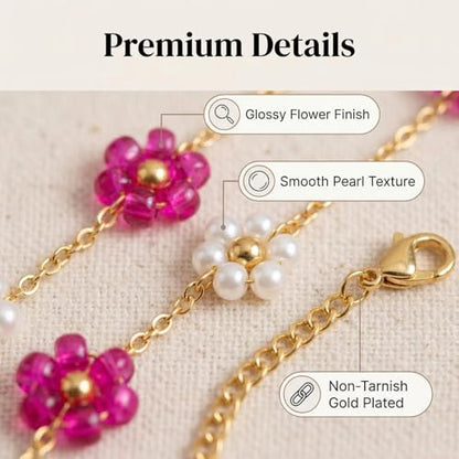Daisy Pearl Jewelry Set for Women, 14K Gold Plated Stainless Steel Necklace Bracelet Earring 3 Piece Set, Dainty Pearl Choker Flower Necklace Birthday Gift for Her - color: Rose Red + Pearl White