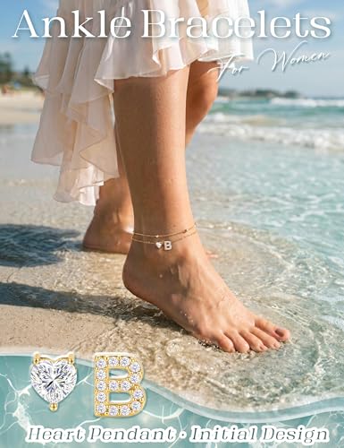 Kakonia Double Layer Initial Anklet for Women, 14K Gold Plated Heart Ankle Bracelet, Personalized A-Z Letter, Waterproof Non Tarnish Cubic Zirconia Dainty Adjustable Summer Beach Jewelry Gift - style: Letter B