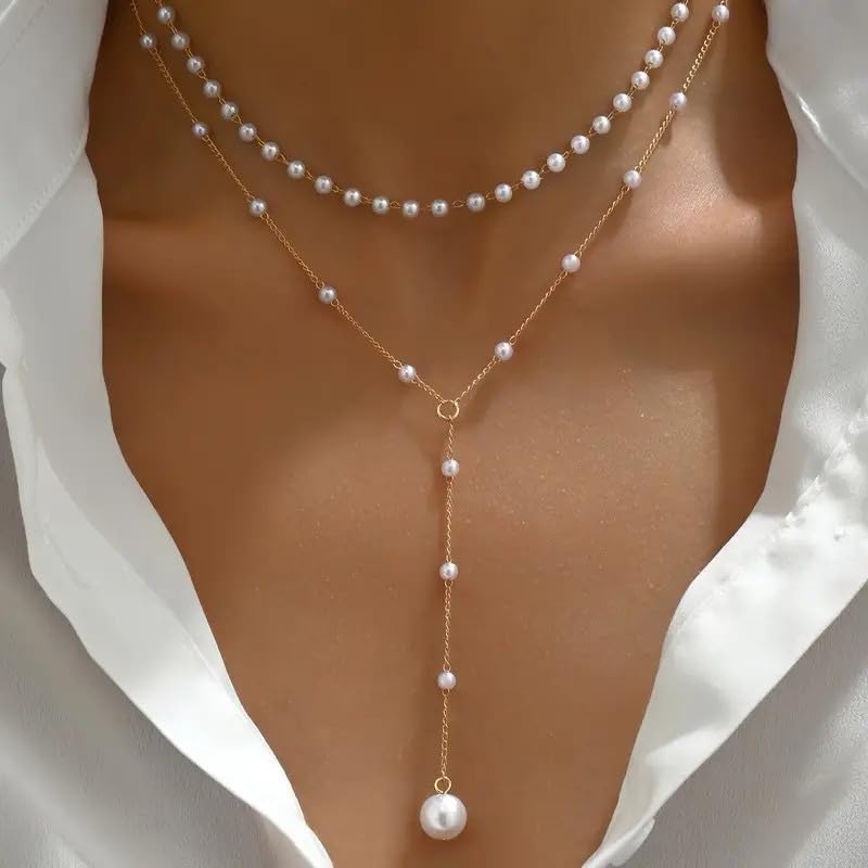 Layered Pearl Y Necklace for Women, Gold Tone Double Strand Faux Pearl Choker Necklace, Elegant Lariat Drop Necklace, Dainty Pearl Layering Jewelry for Everyday Wear and Special Occasions