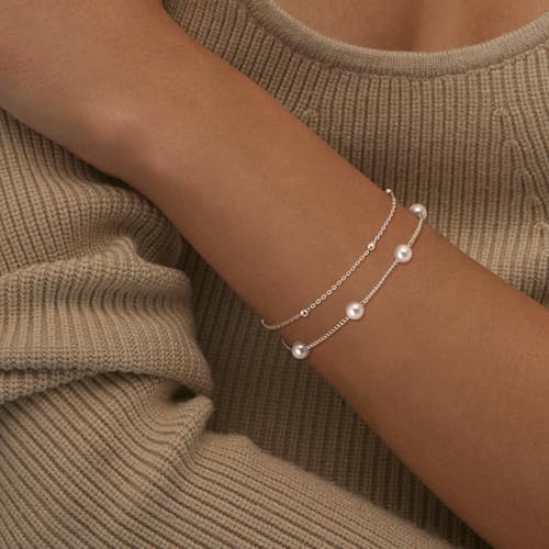 NECOCY 14K Gold Plated Pearl Bracelets for Women, Dainty Bracelets Stack Trendy Pearls Beaded Link Chain Charm Bracelets Set Layered Tiny Wedding Prom Jewelry Gift for Women Mother's Day Graduation - style: Style-1-Silver
