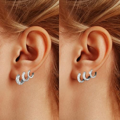 Wgoud Small Gold Hoop Earrings Set for Women, 6 Pairs 14K Gold Plated Hypoallergenic Lightweight Huggie Hoops Earrings, Trendy Cartilage Cubic Zirconia Earrings for Women Gifts. - color: E-Silver hoops